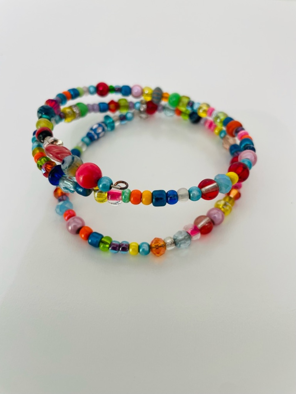 Multicolor Rainbow Glass Multimedia Boho Indie Hippie Beaded Wire Coil Bracelet